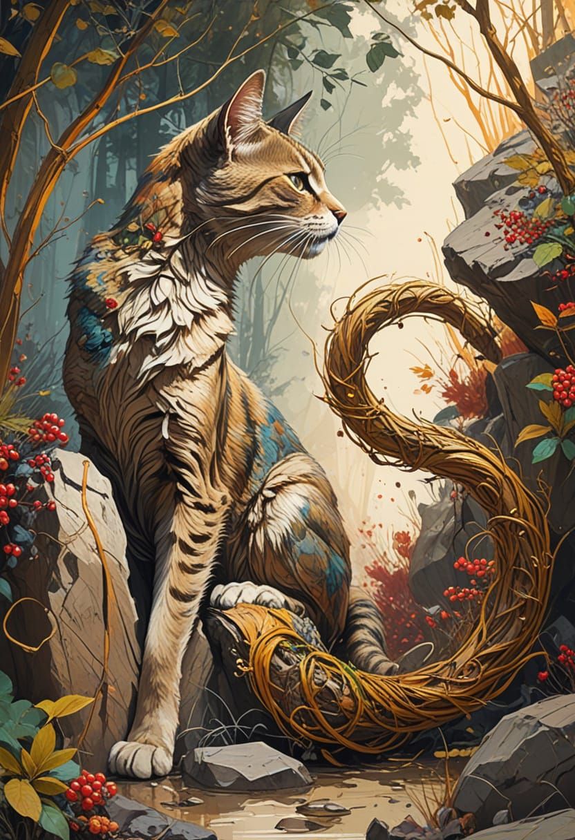 Cat on Rock: Ink Sketch in Carne Griffiths Style