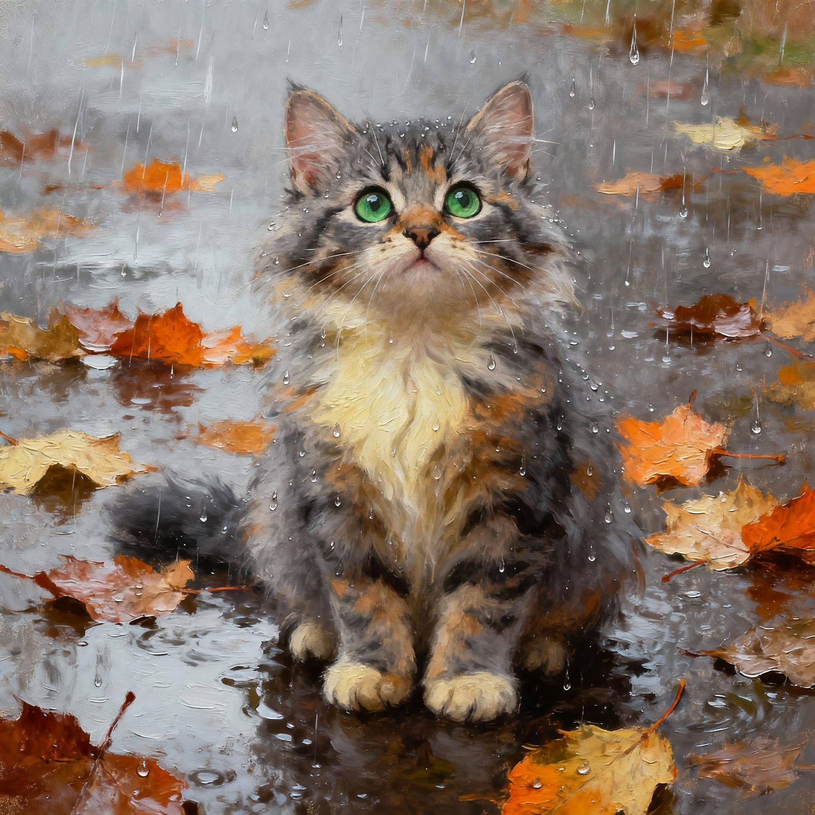 Fluffy Little Kitten in the Rain