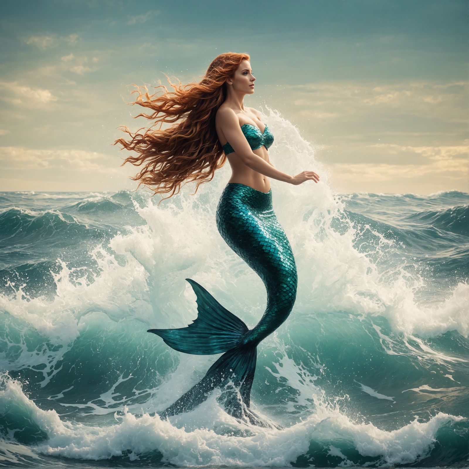 Mermaid Tail Splashes in Ocean Wave