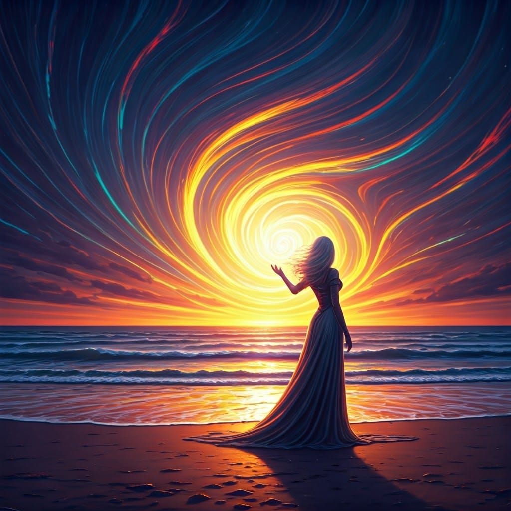 Woman Conjures Demon on Windswept Beach in Psychedelic Style