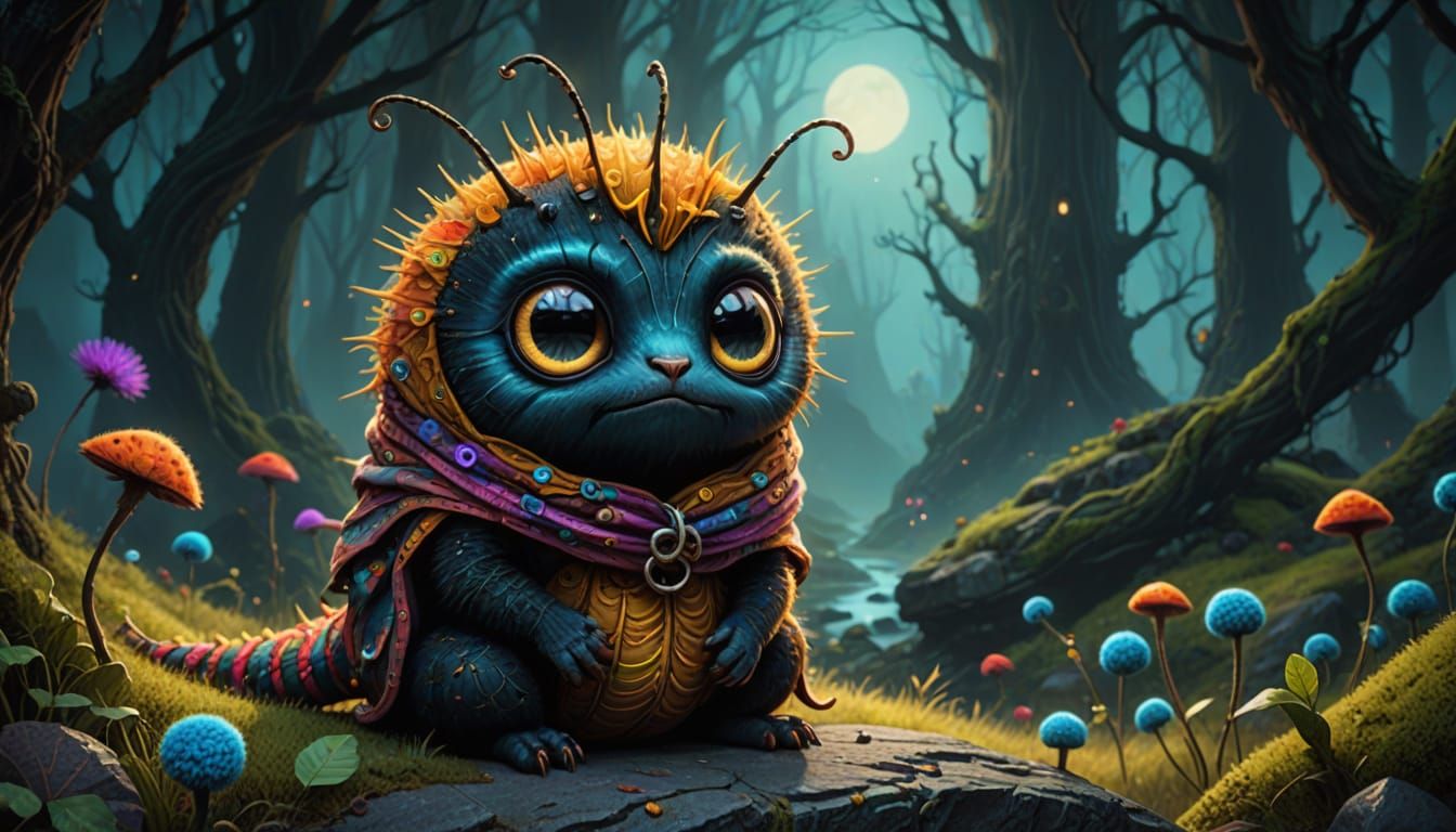 Excited Caterpillar in Gothic-Punk Style, Digital Art