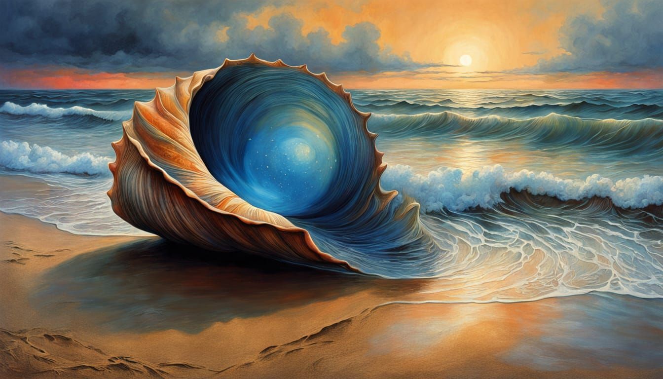 Seashell on Beach in Surreal Watercolor Style