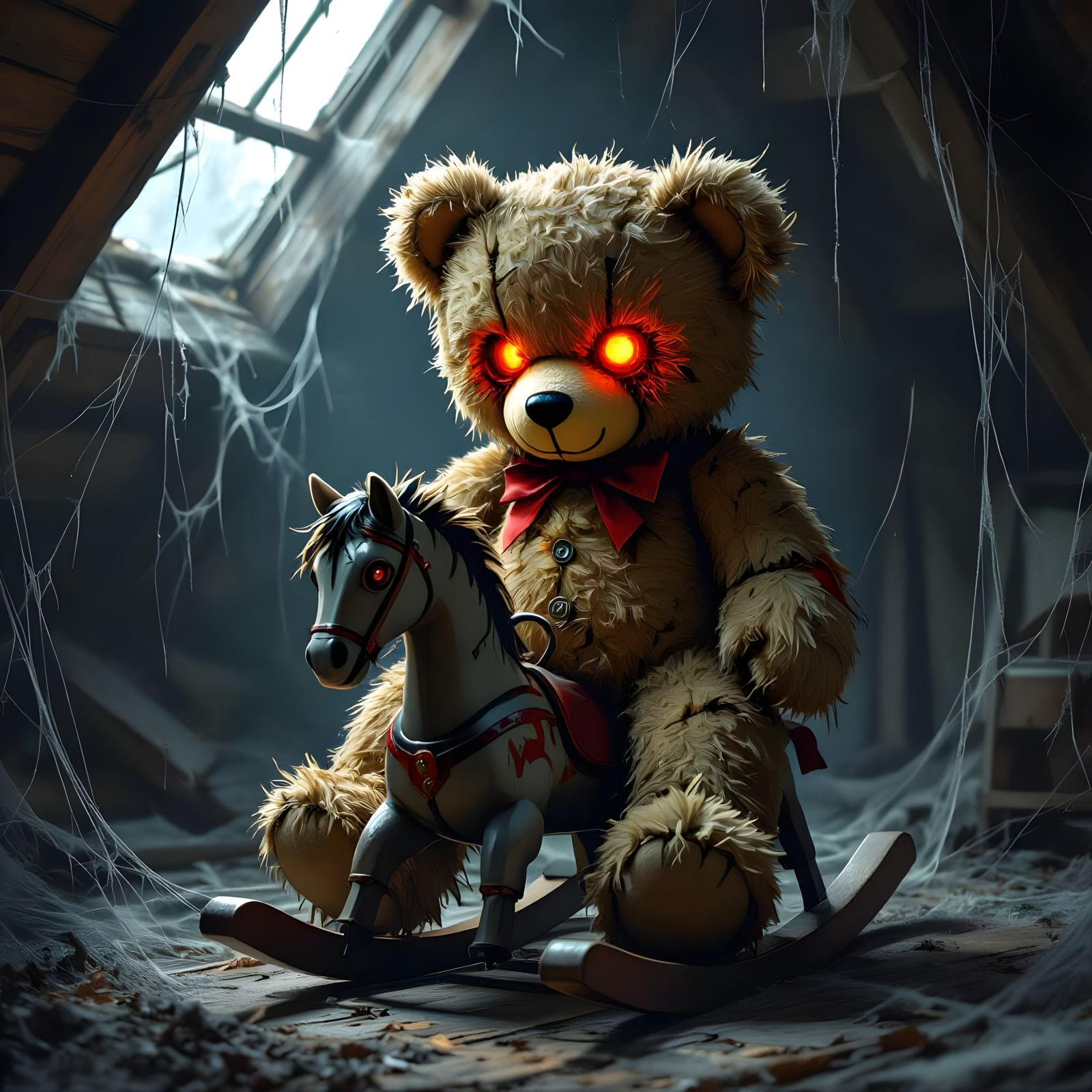 Sinister Teddy Bear with Embers for Eyes on Rocking Horse