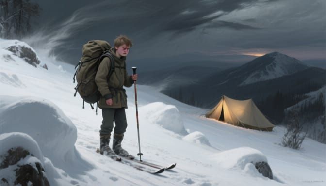 Weary Tourist on Snowy Ural Mountain Slope