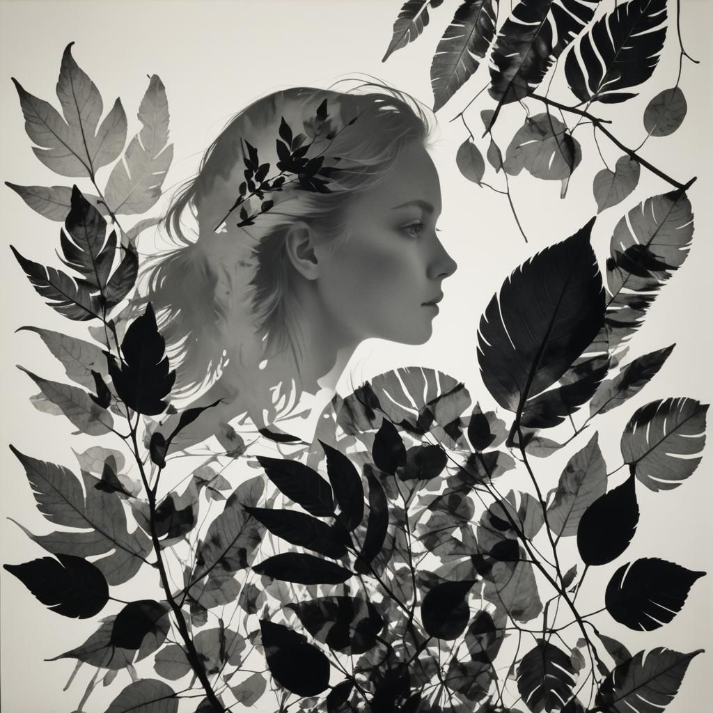 Monochrome Photogram of Silhouette with Bird and Flora