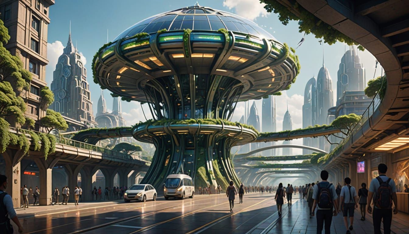 Futuristic City with Sun-Wheel Districts and Sky Bridges
