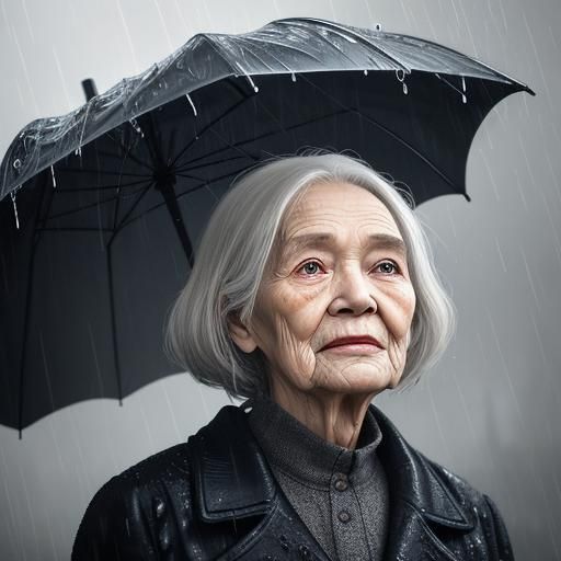 Elderly Woman in Rain: Hyperrealistic Digital Art