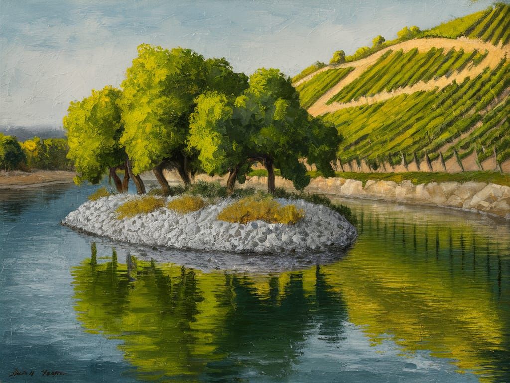Riverside Vineyard in Impressionist Style
