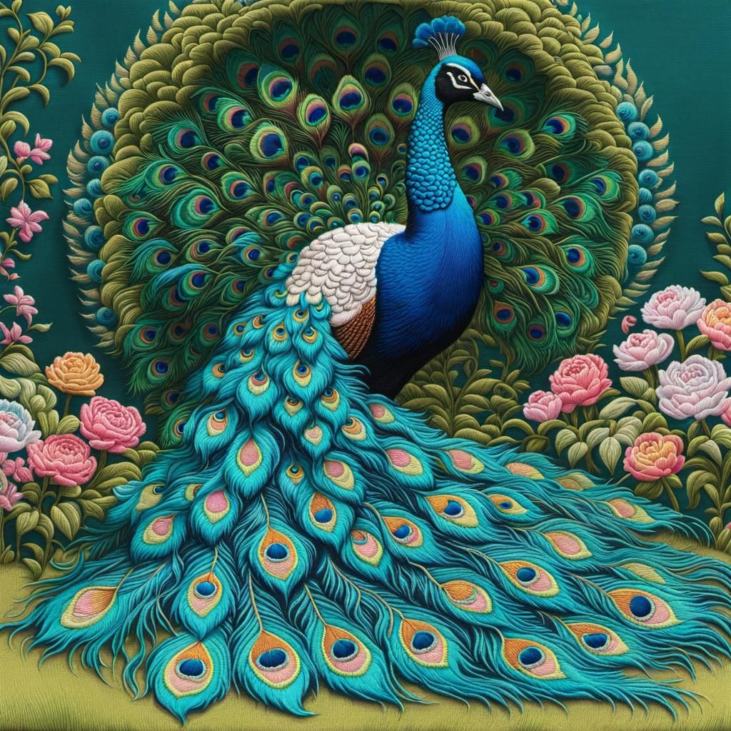 Peacock in Abandoned Garden: Vibrant Embroidery Art