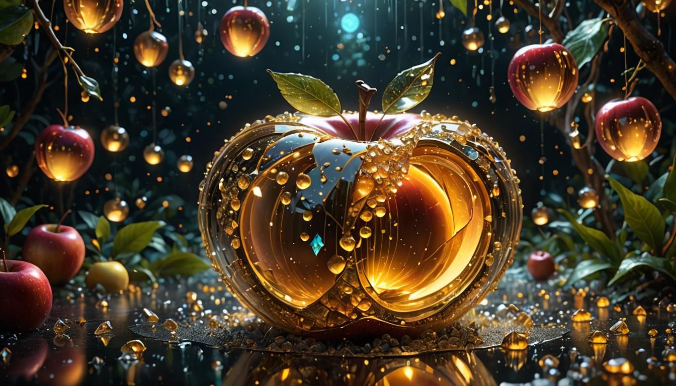 Golden Crystalline Apple with Firefly Lights