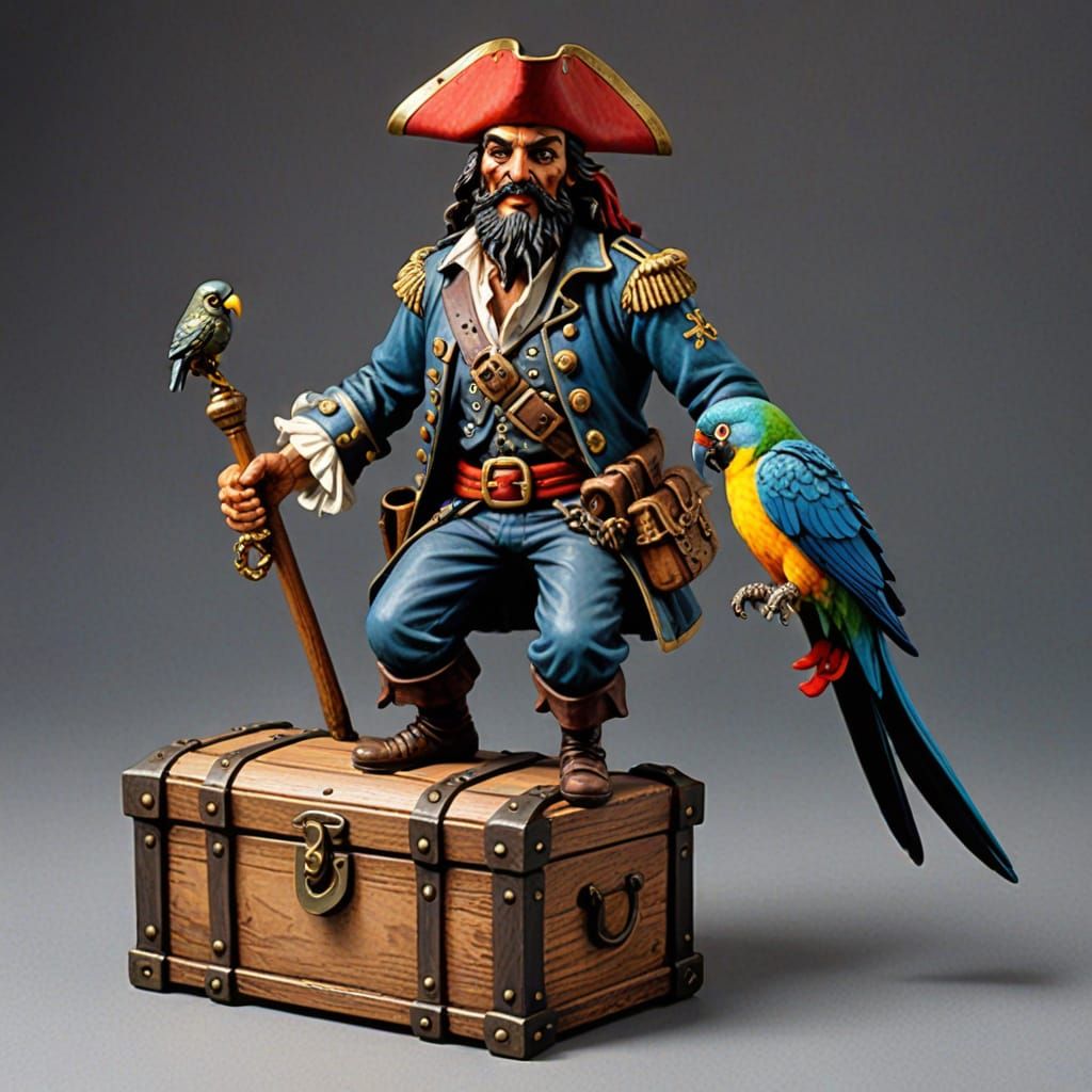 Pirate with Parrot and Treasure Chest