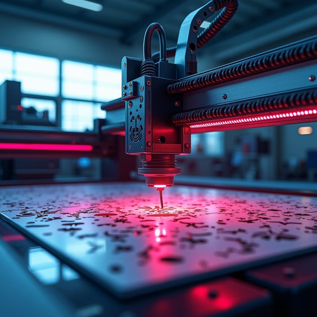 Futuristic Industrial Logo Featuring CNC Machine in Neon Sty...