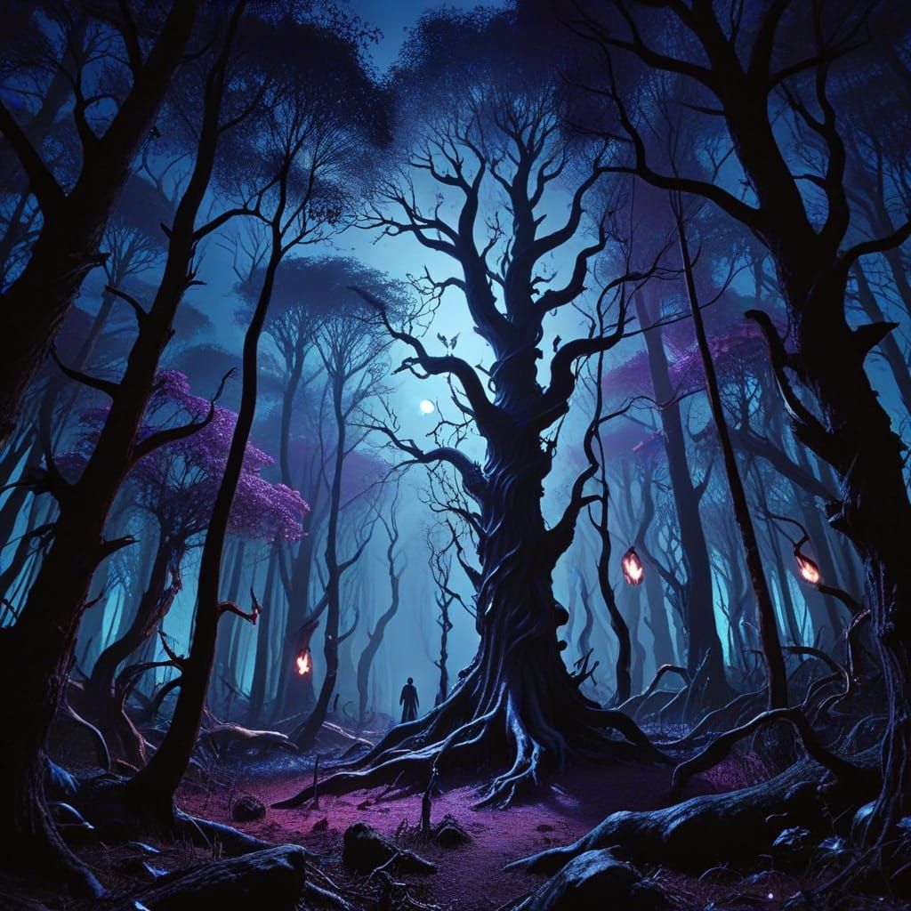 Surreal Night Forest With Eerie Creatures