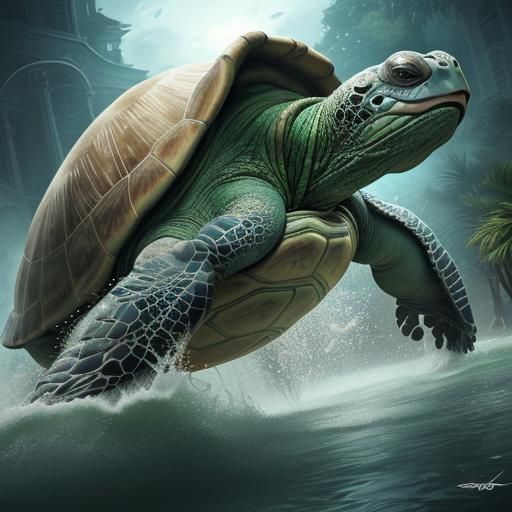 Hyperrealistic Giant Turtle Splash Art Concept