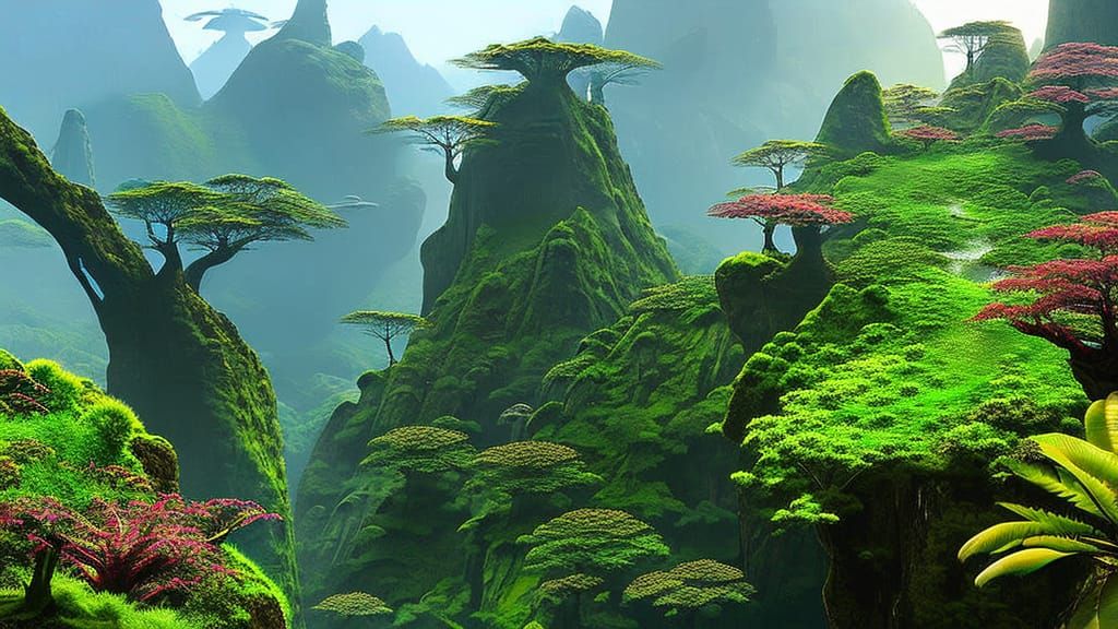 Pandora-like Landscape with Bioluminescent Flora and Aerial ...