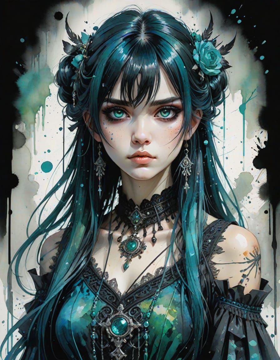 Anime Goth Princess in Dark Fantasy Watercolor