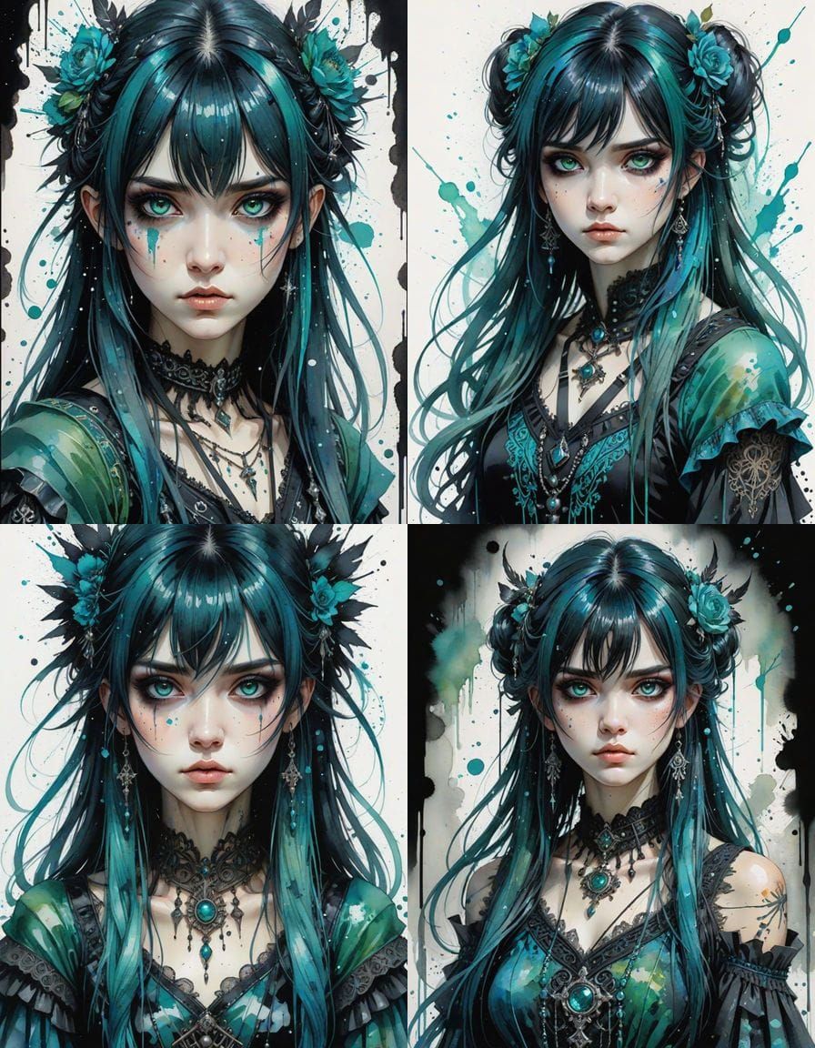 Anime Goth Girl Portrait in Watercolor Splash Art Style