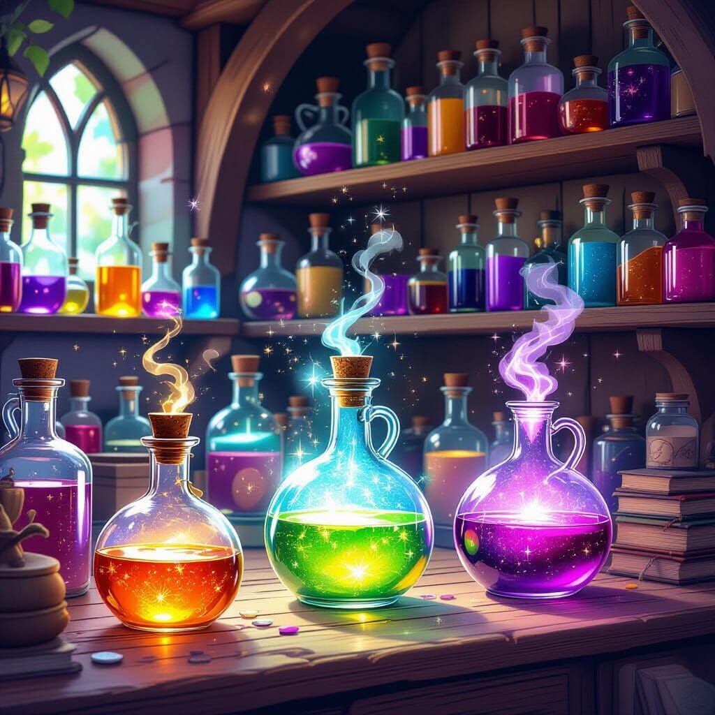 Whimsical Alchemist Shop Filled with Magical Potions