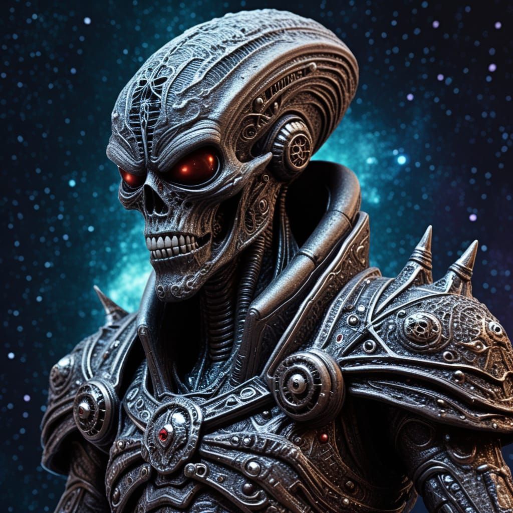 Dark Fantasy Alien Warrior in Cosmic Macabre Ornate Textured...