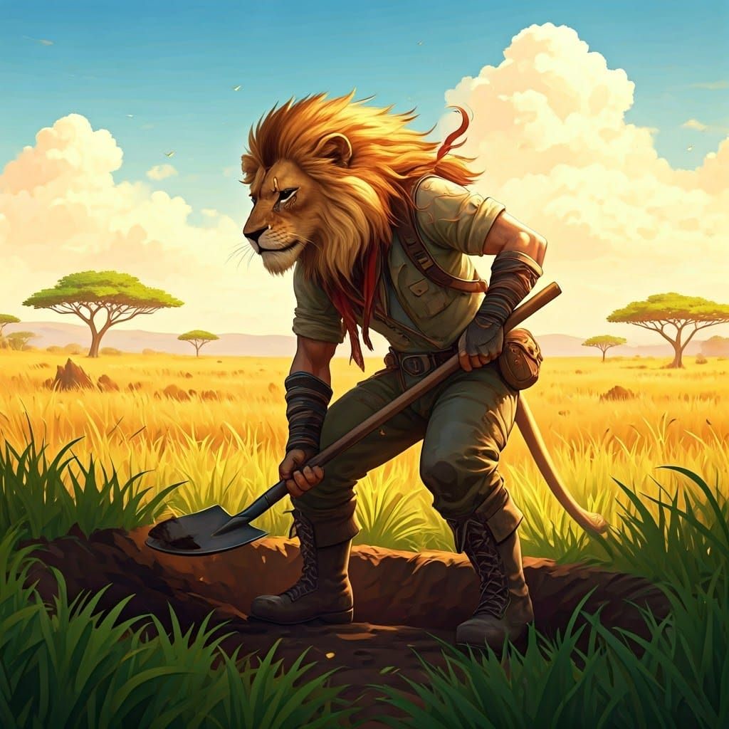 Lion Tamer Digging in Savannah, Anime Art