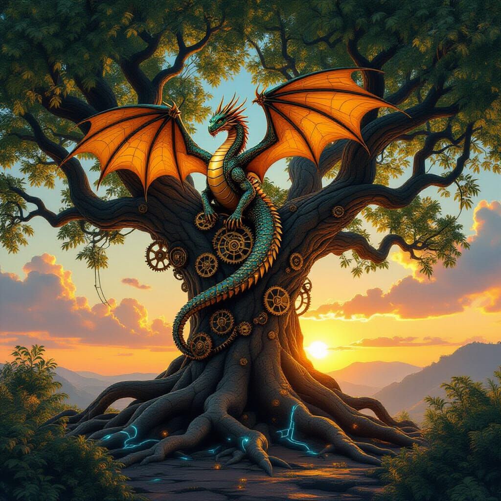 Majestic Clockwork Dragon on Ancient Tree
