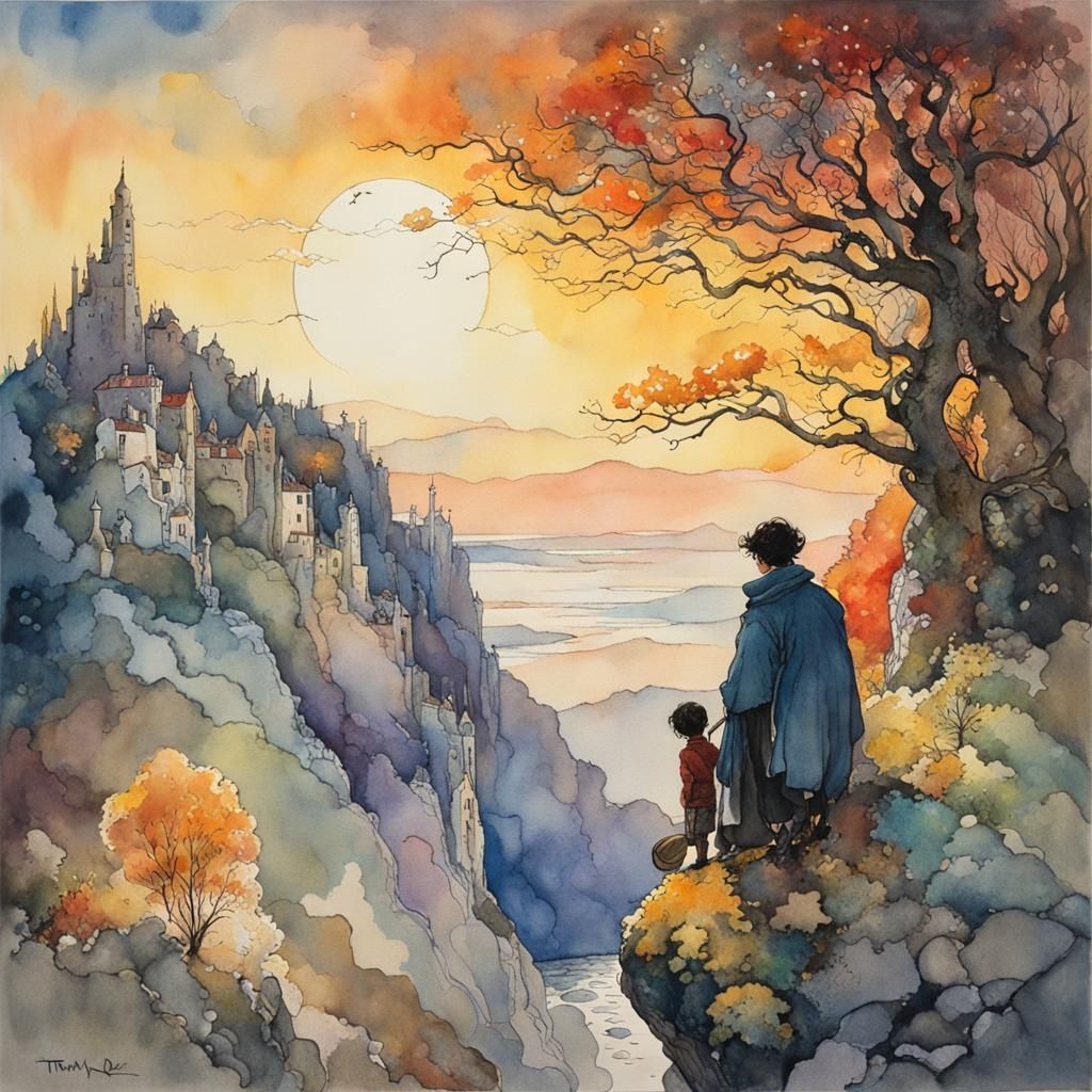 Lonely Wanderer in Watercolor Landscape