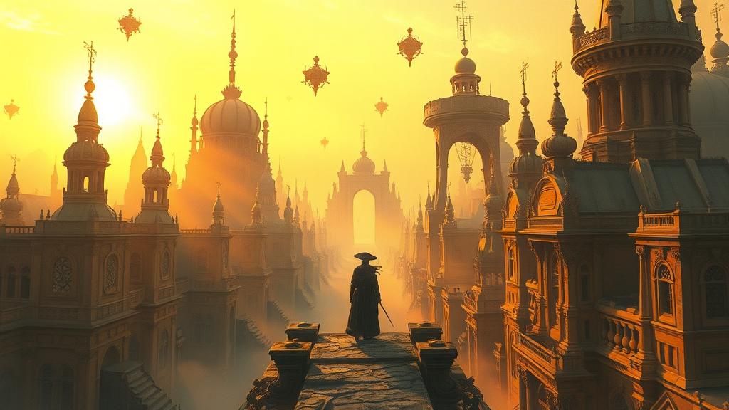 Mystic in Fractal City: Gouache-Style Masterpiece