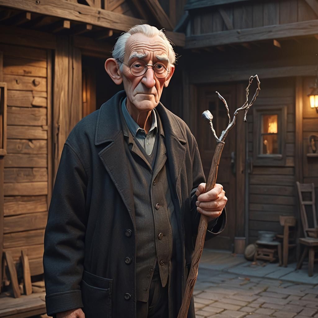 Old Man with Metal Stick in Pixar Style