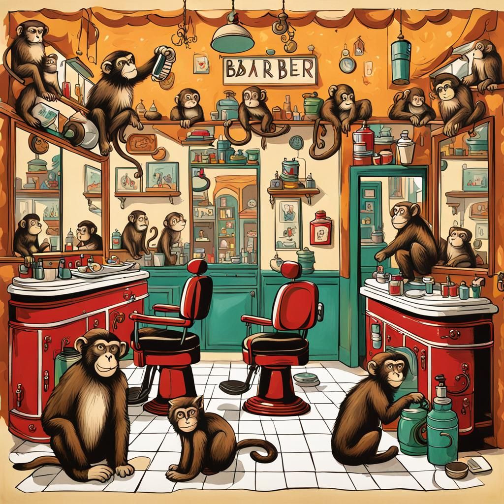 Barber Shop with Monkeys and Cats, Expressionist Style