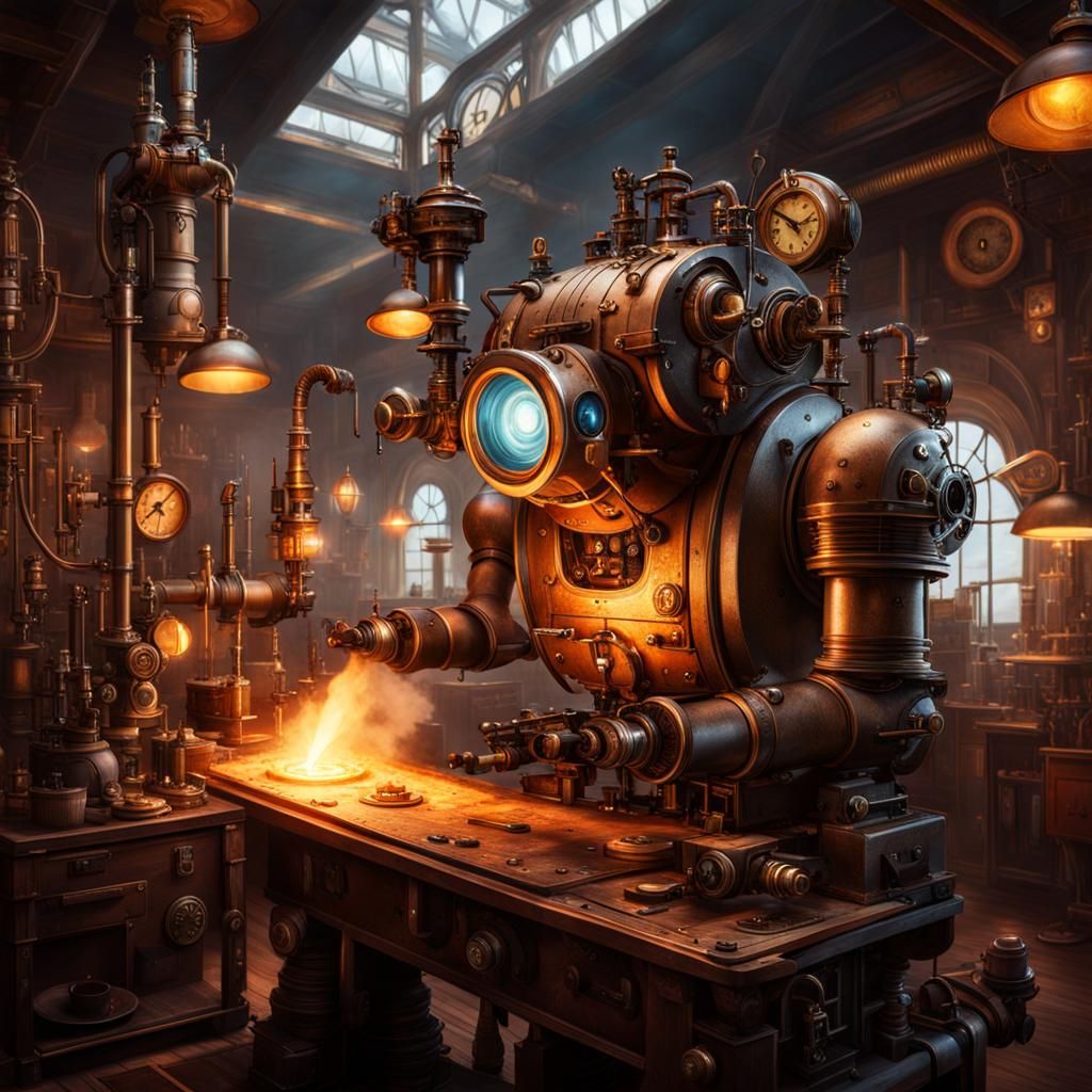 Steampunk Artificer Building Robot in Workshop