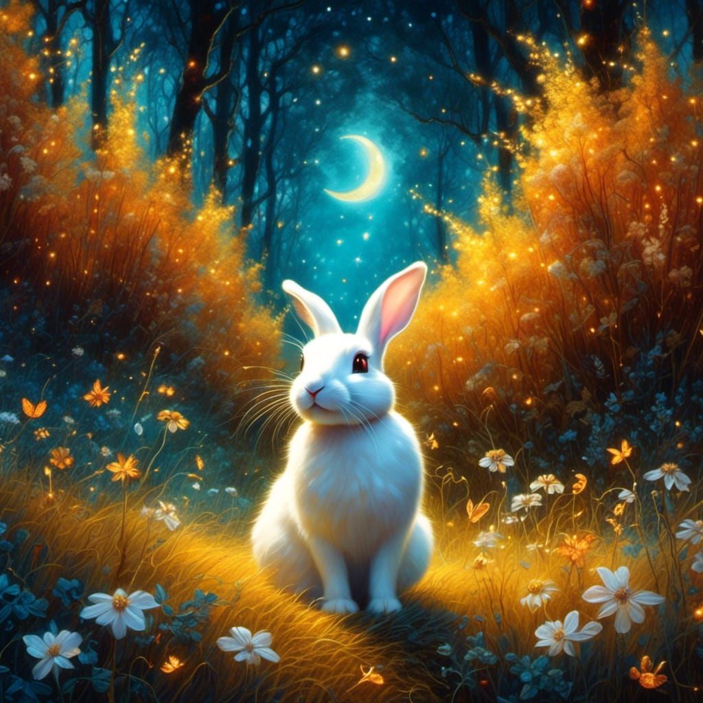 Enchanting White Rabbit in Autumn Forest as Impasto Painting