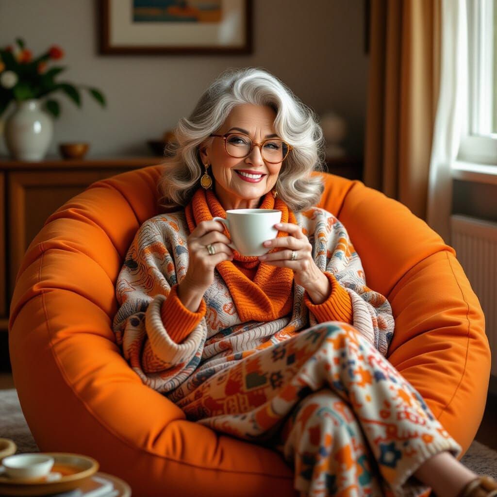 Happy Older Woman Enjoys Tea on 1970s Beanbag
