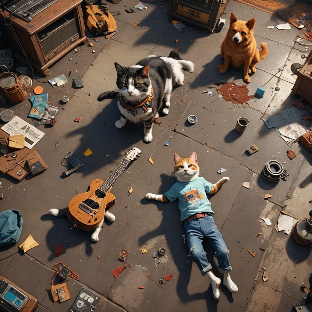 Cat Dances to Guitarist in Detailed Matte Painting