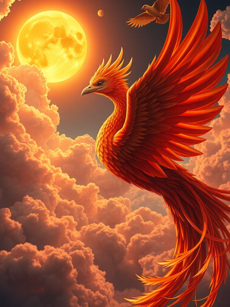 Flaming Phoenix Soaring Through Sunset Sky