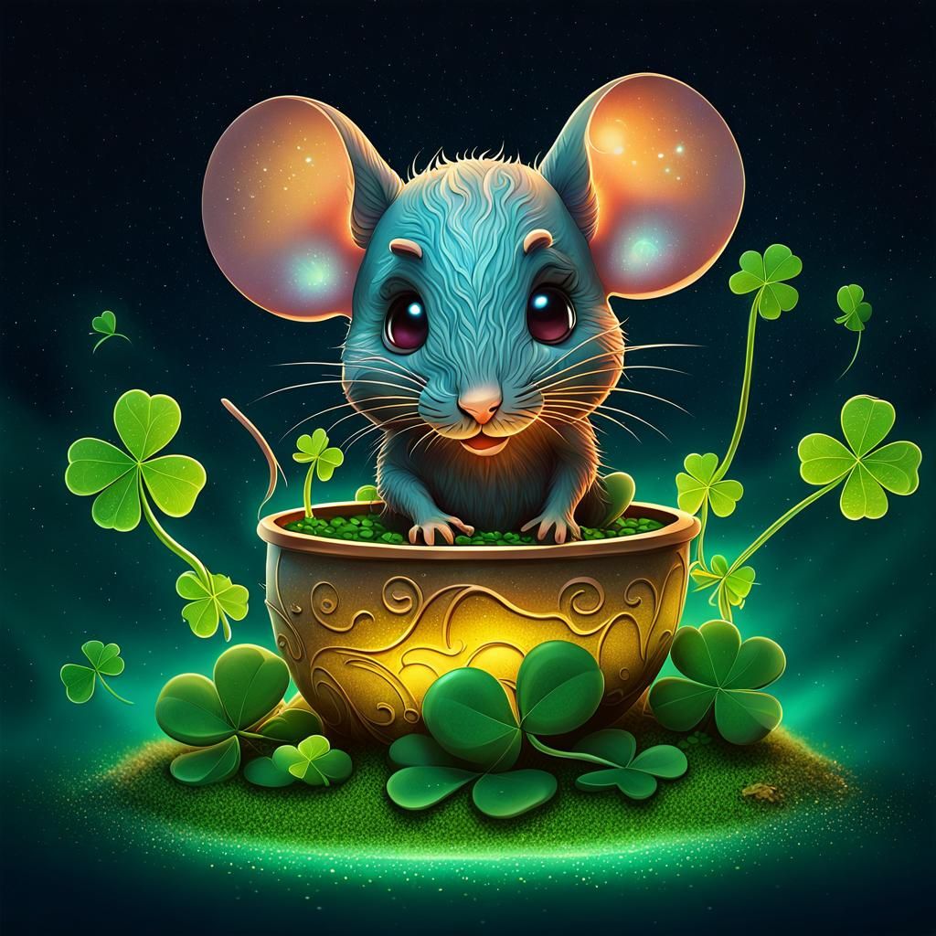 Chibi Mouse Planting Lucky Clover in Fantasy Night Sky
