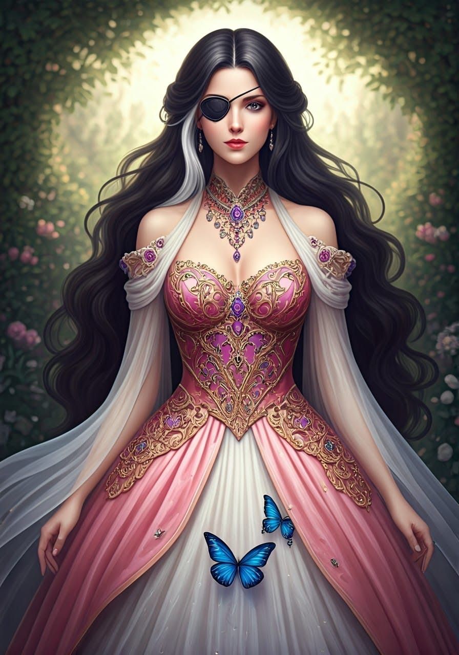 Elegant Woman with Eyepatch in Art Nouveau Style