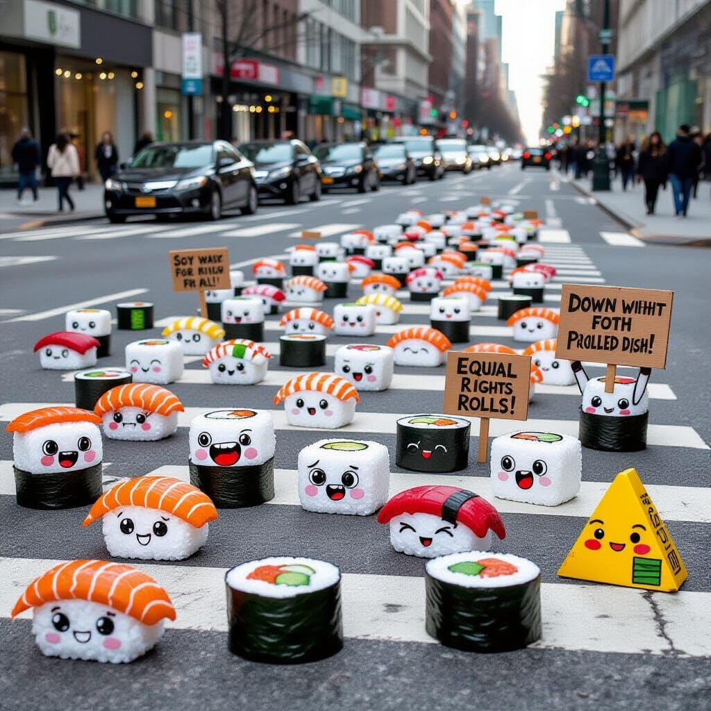 Cartoon Sushi Protest on Busy City Street