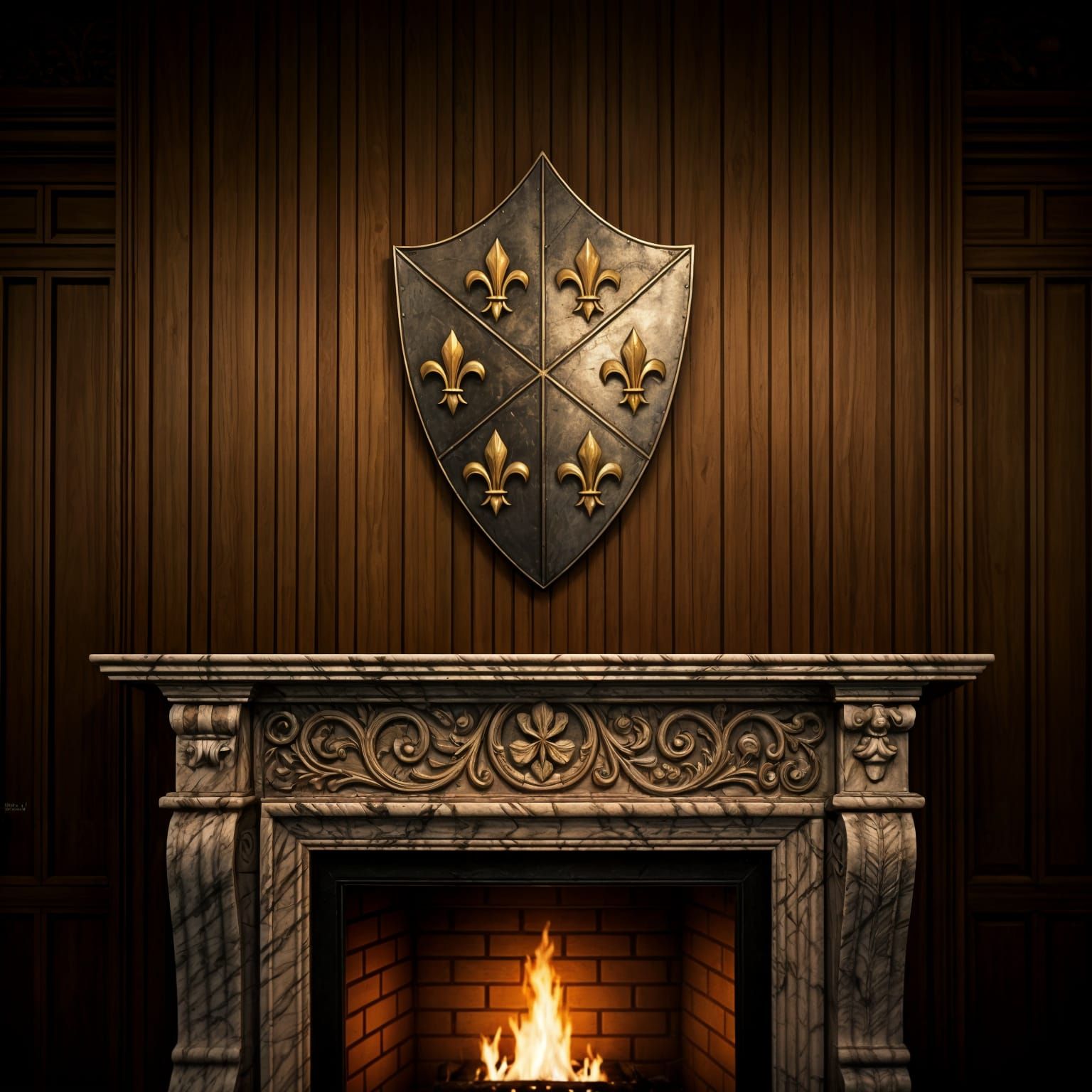 Medieval Kite Shield Hangs Above a Marble Fireplace