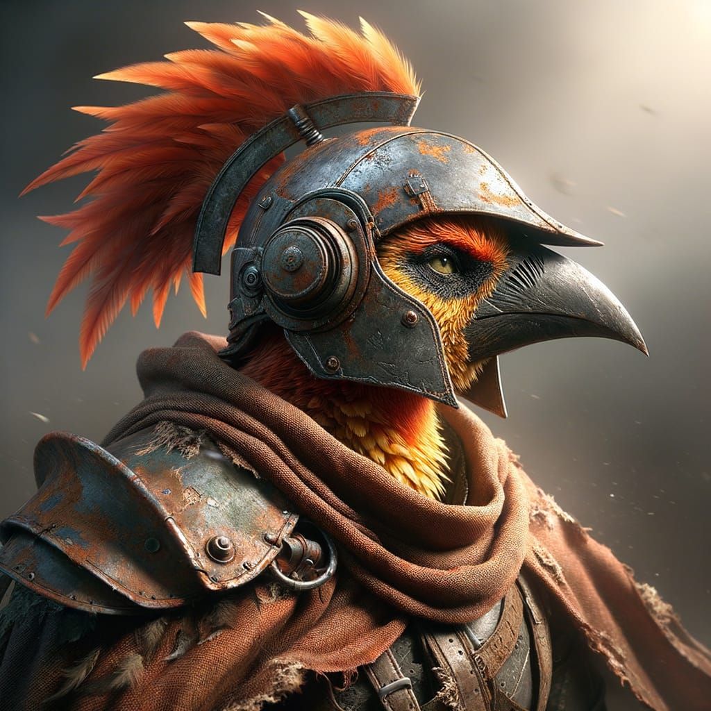 Vibrant Orange Knight Bird Conquers Post-Apocalyptic Wastes