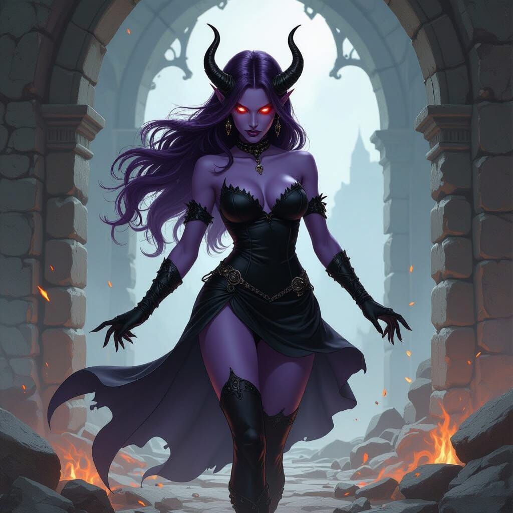 Tiefling Sorceress in Gothic Ruins, Dark Fantasy Art