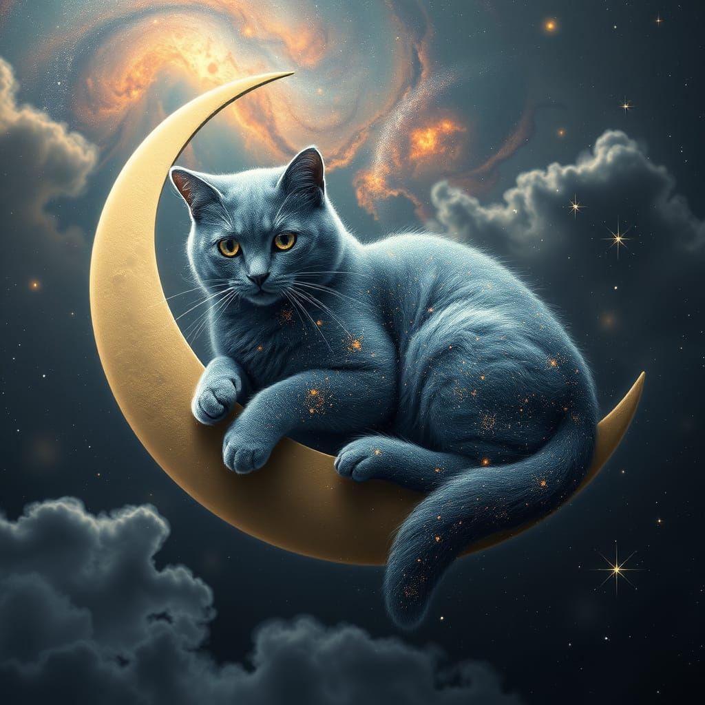 Stardust Cat Lounging on Moon in Cosmic Surrealism Style