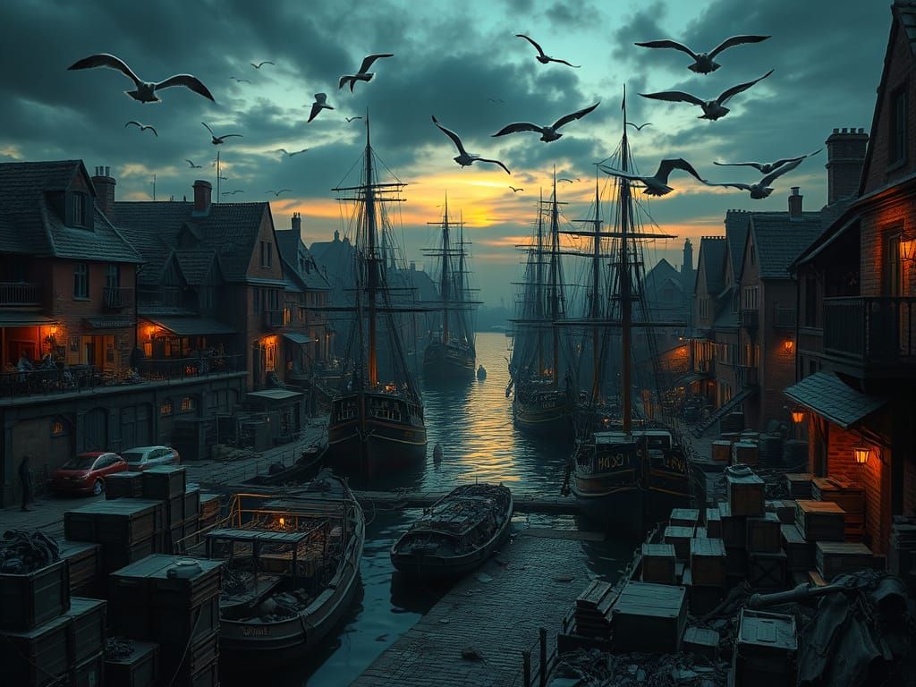 Gritty 18th Century Port Cityscape at Dusk