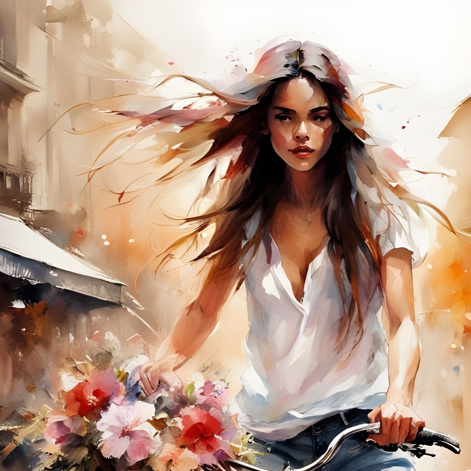 Woman Cycling Through Parisian Countryside at Golden Hour