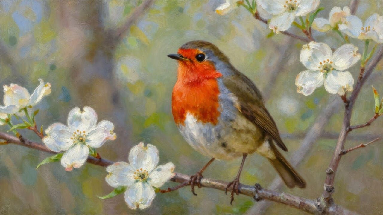 Robin on Dogwood Branch in Spring Sunlight