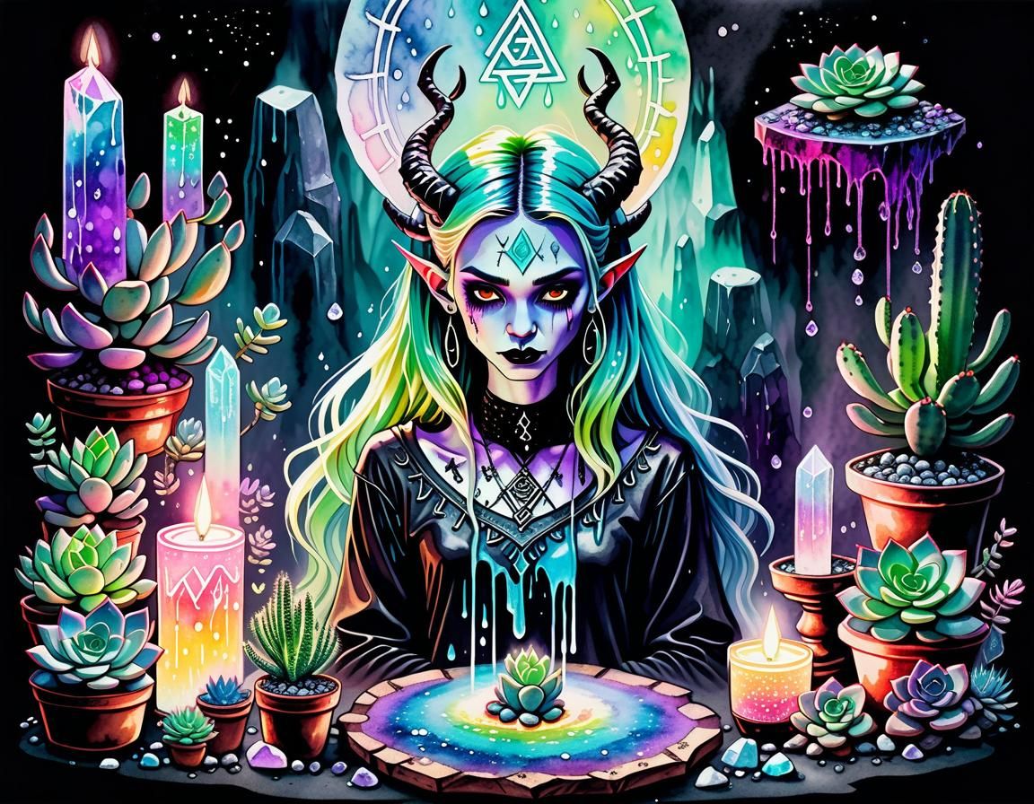 Pastel Goth Demoness with Goddess Altar in Watercolor