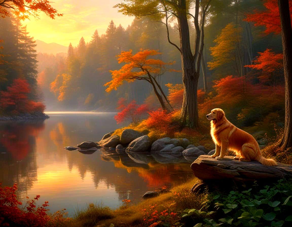 Serene Lake Scene With Golden Retriever and Moon