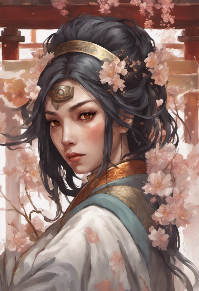 Japanese Shinto Priestess Portrait in Art Nouveau Style