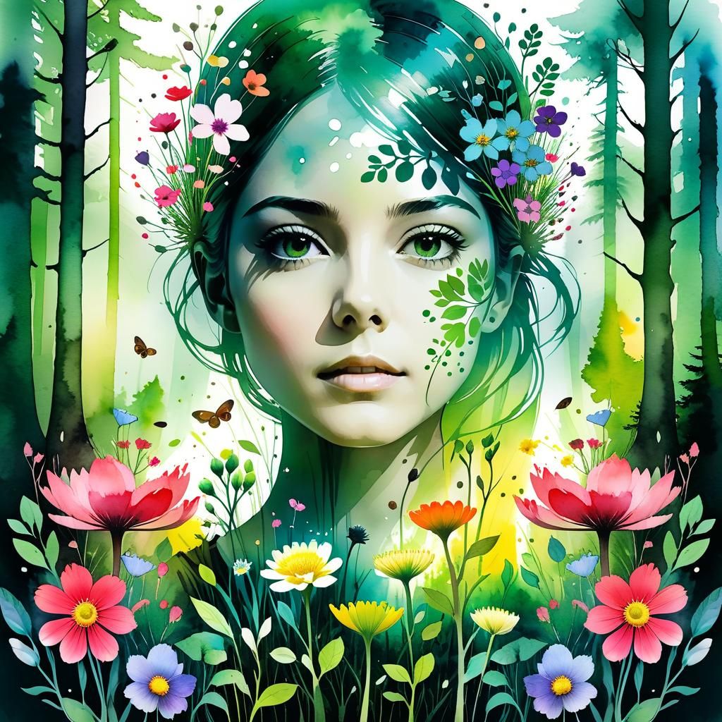 Forest Double Exposure in Watercolor and Pen Style