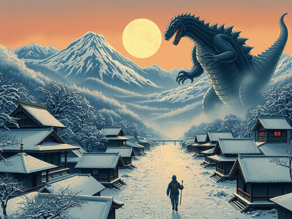 Gojira Attacks Ancient Japanese Village in Ukiyo-e Style