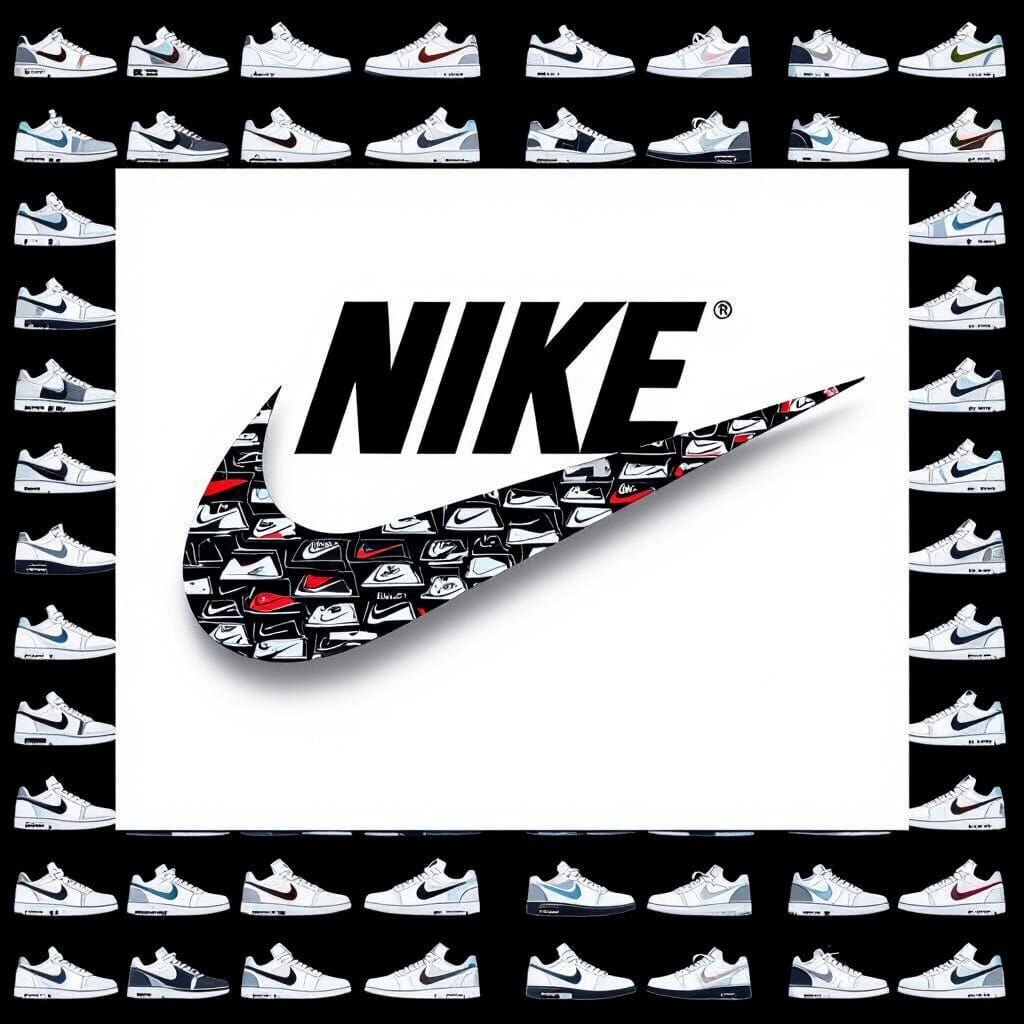 White Nike Swoosh Filled With Tiny Shoes on Black